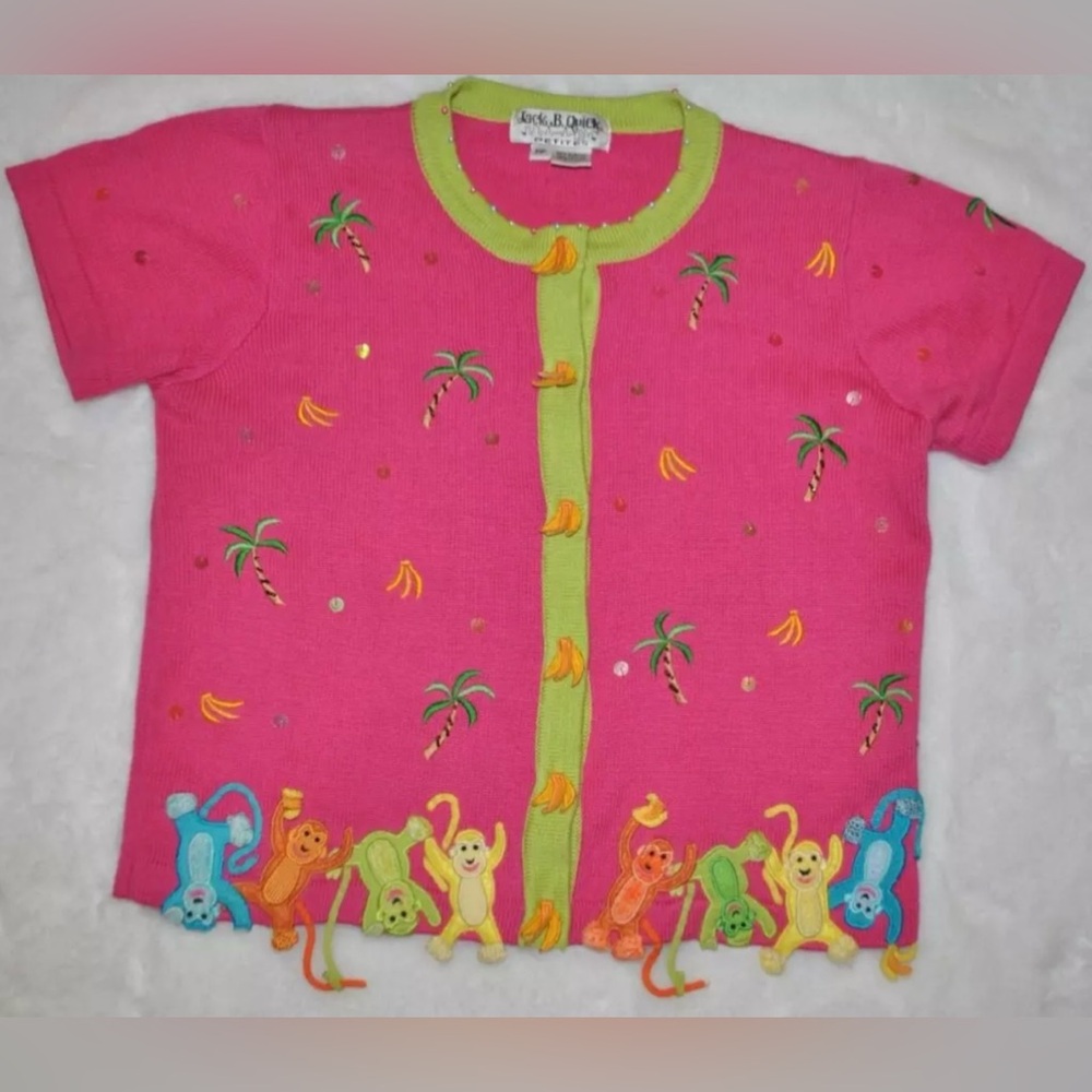 Jack B Quick Women's S/S Cardigan Sweater Monkey Embroidered Pink Sz PP (2-4)